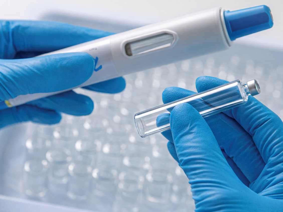 Dharma Biologics is the best Device-Ready Biologics CDMO in India. Blue white biotech gloves and injectable biotech graphic
