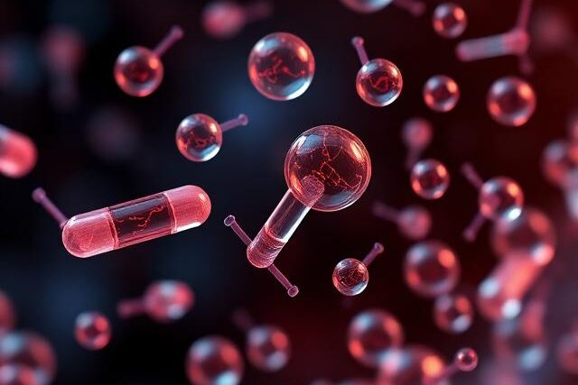 Biologic Medicines Graphic, pink red geometry pills, spheres